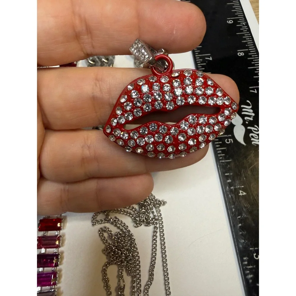 6pc Romantic Jewelry Lot Rhinestone Heart Love Lips Locket Necklaces Red Pink